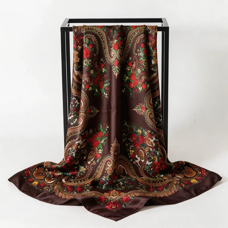 Brown Satin Square Scarf Paisley Floral Print Bandana