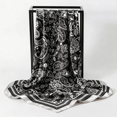 Black Satin Square Scarf Paisley Floral Print Bandana