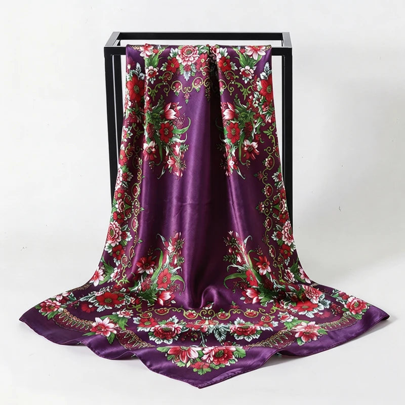 Violet Satin Square Scarf Paisley Floral Print Bandana