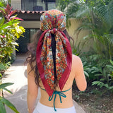 Red Satin Square Scarf Paisley Floral Print Bandana