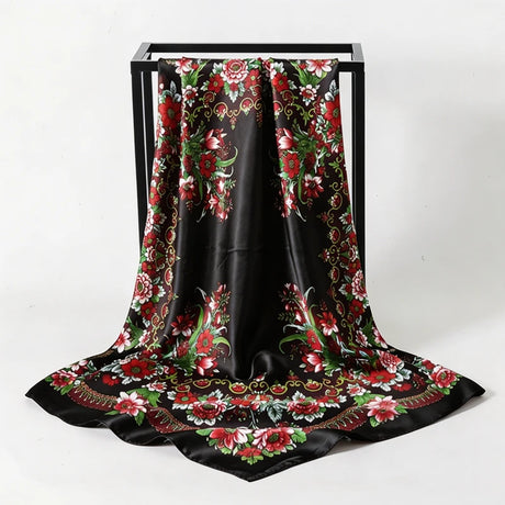 Black Satin Square Scarf Paisley Floral Print Bandana