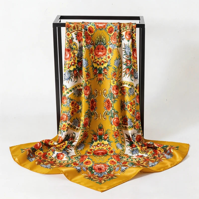 Yellow Satin Square Scarf Paisley Floral Print Bandana
