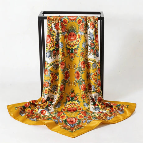 Yellow Satin Square Scarf Paisley Floral Print Bandana