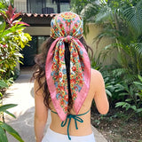 Pink Satin Square Scarf Paisley Floral Print Bandana
