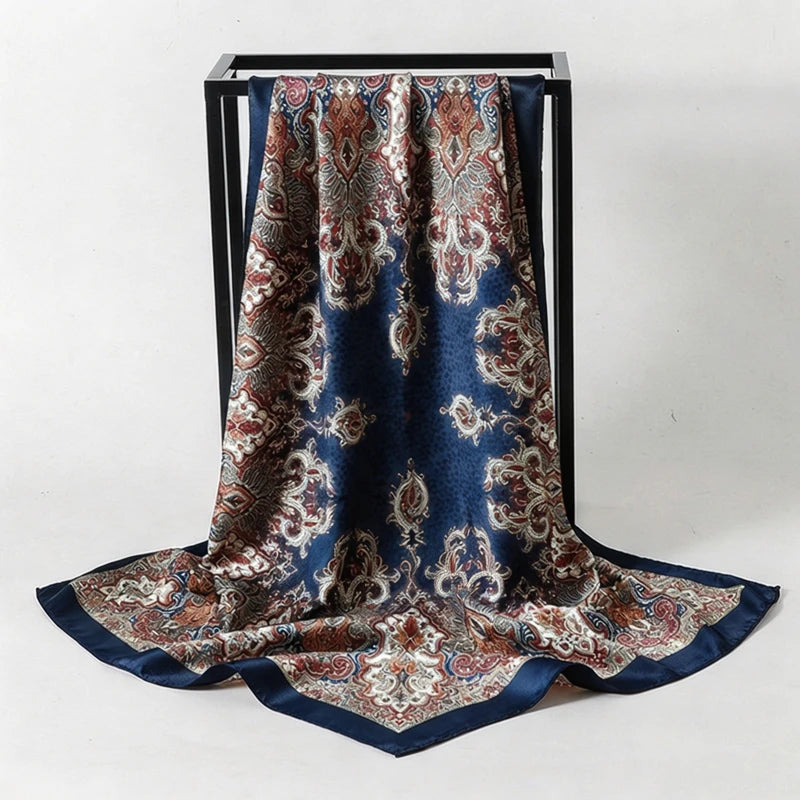 Blue Satin Square Scarf Paisley Floral Print Bandana