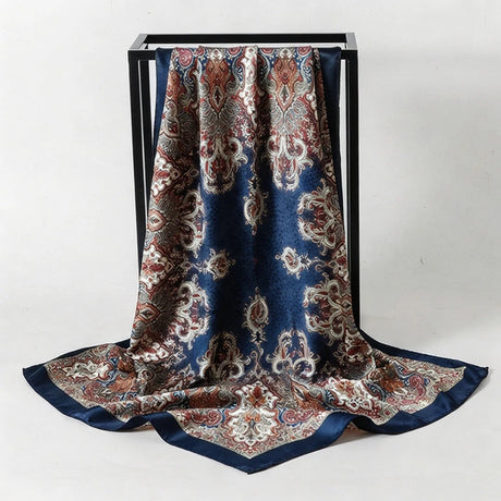 Blue Satin Square Scarf Paisley Floral Print Bandana