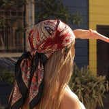 Red Satin Square Scarf Paisley Floral Print Bandana