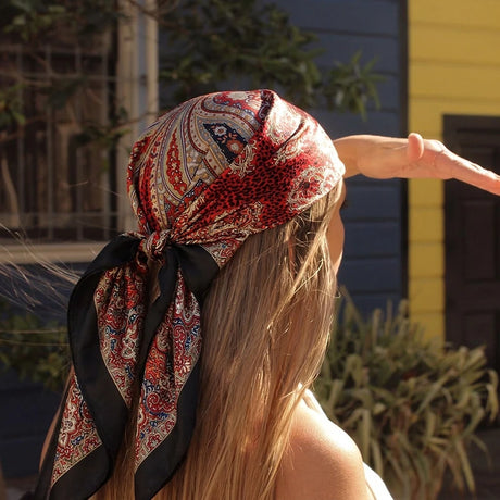 Red Satin Square Scarf Paisley Floral Print Bandana