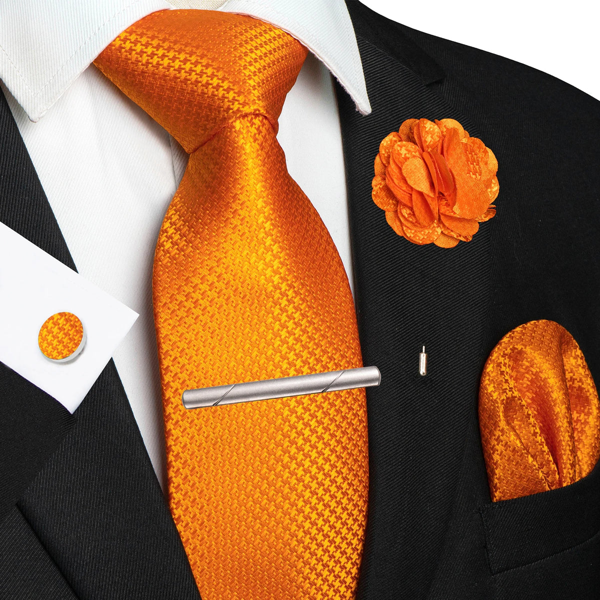 Orange 8cm Silk Tie Pin Pocket Square Cufflinks Tie