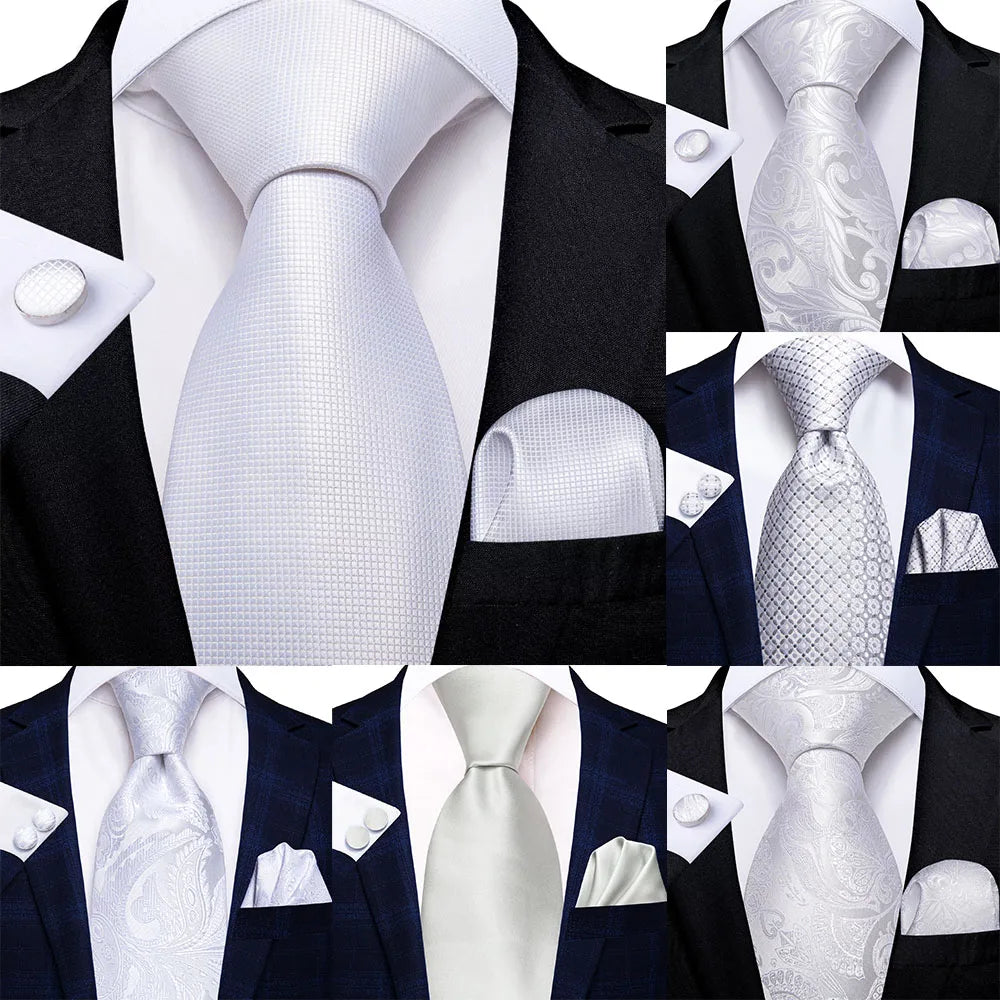 White Sliver Hanky Cufflinks Set Neck ties