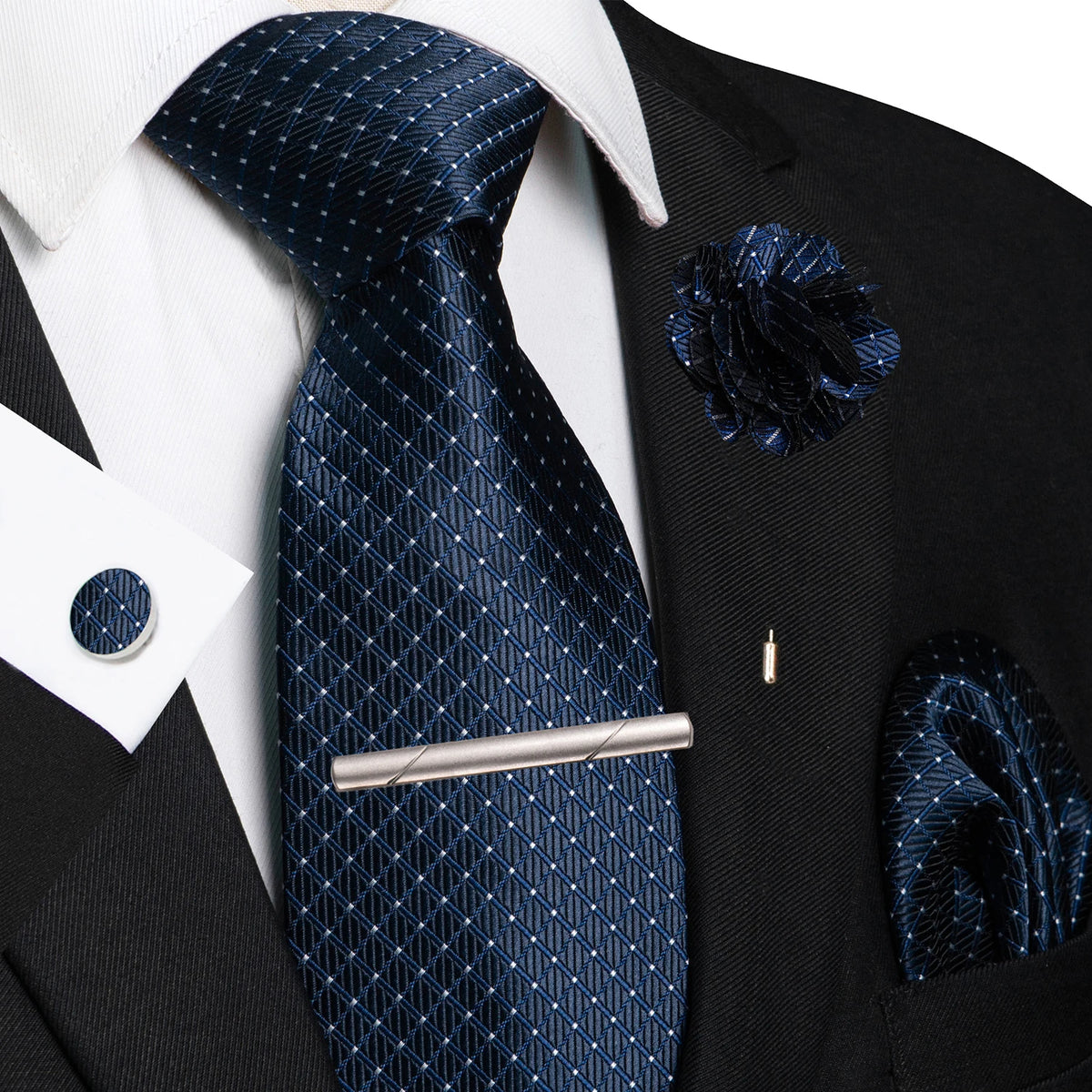 Blue 8cm Silk Tie Pin Pocket Square Cufflinks Tie