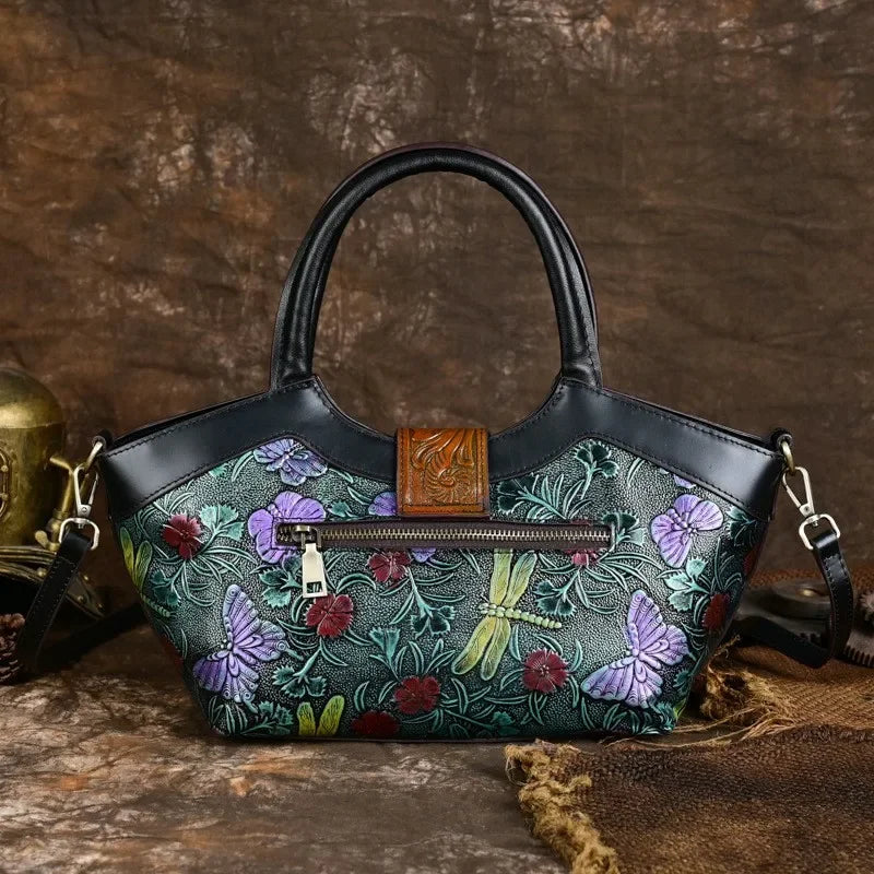 Genuine Leather Retro Flower Handbag
