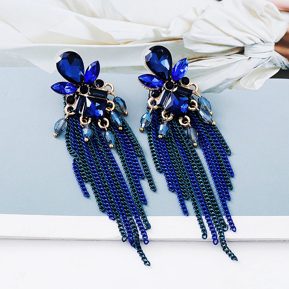 Blue Crystal Long Tassel Earrings