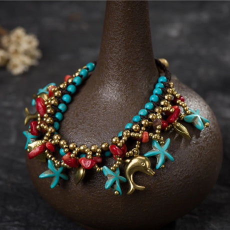 Retro Imitation Turquoise Starfish Water Droplet Tassel Bracelet