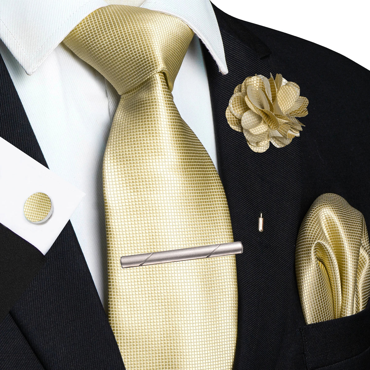 Gold 8cm Silk Tie Pin Pocket Square Cufflinks Tie