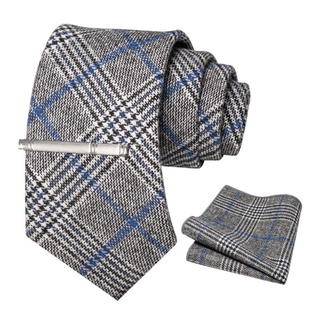 Gray Cashmere Wool 8cm Men Striped Plaid Necktie