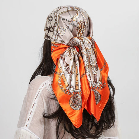 Orange Beige Scarf Foulard 90cm Square Silk Scarf Shawls Hijab