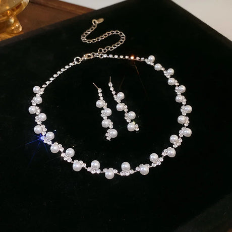 Rhinestone Pearl Rectangular Earrings Necklace Set