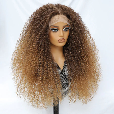 Brown 24 Inch Jerry Curl Synthetic Lace Kinky Curly Wigs