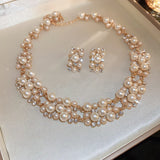 Rhinestone Pearl Rectangular Earrings Necklace Set