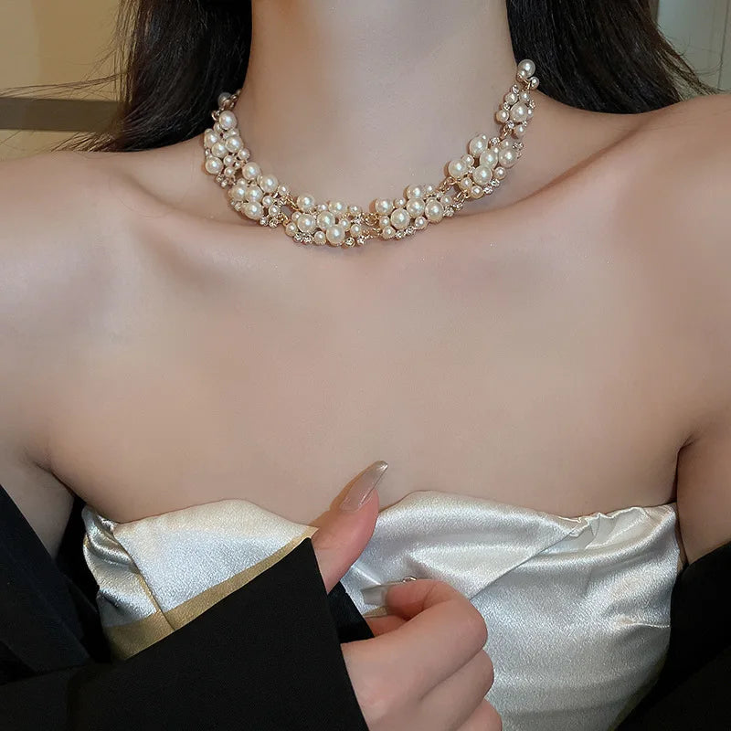 Rhinestone Pearl Rectangular Earrings Necklace Set