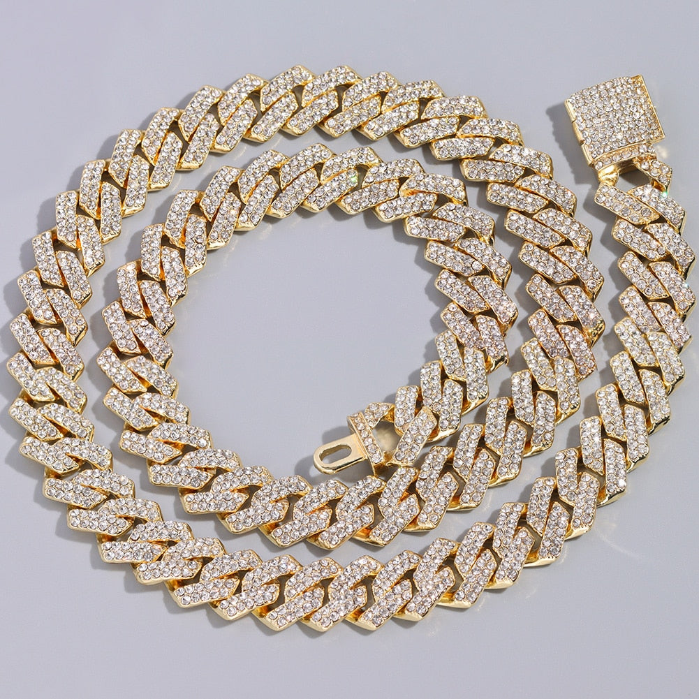 Rhinestones Square Cuban Link Necklace Set