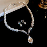 Rhinestone Pearl Rectangular Earrings Necklace Set