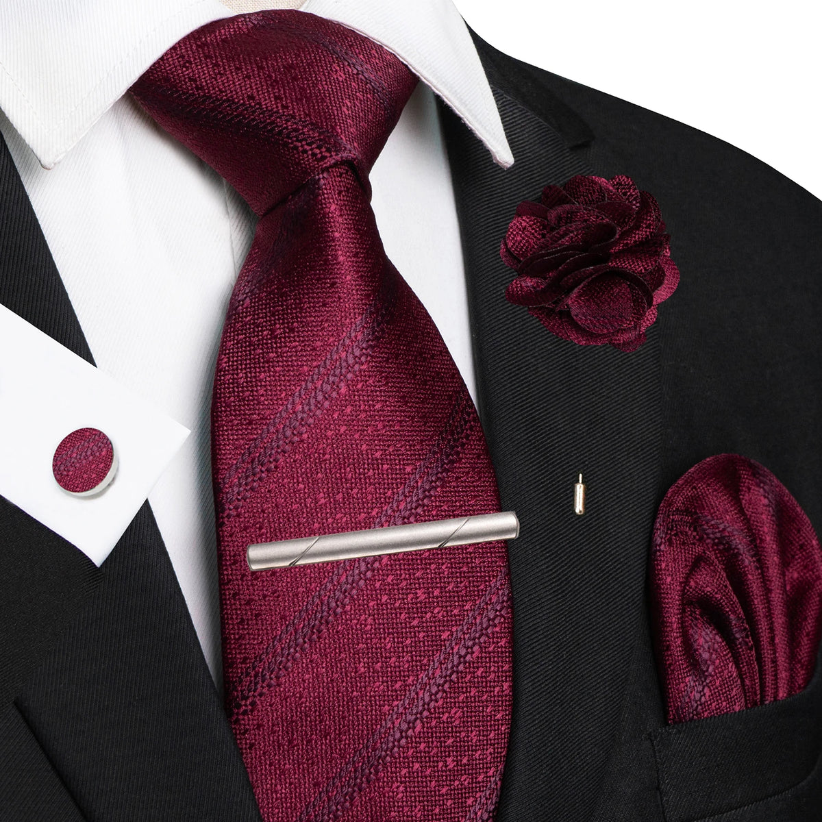 Red 8cm Silk Tie Pin Pocket Square Cufflinks Tie