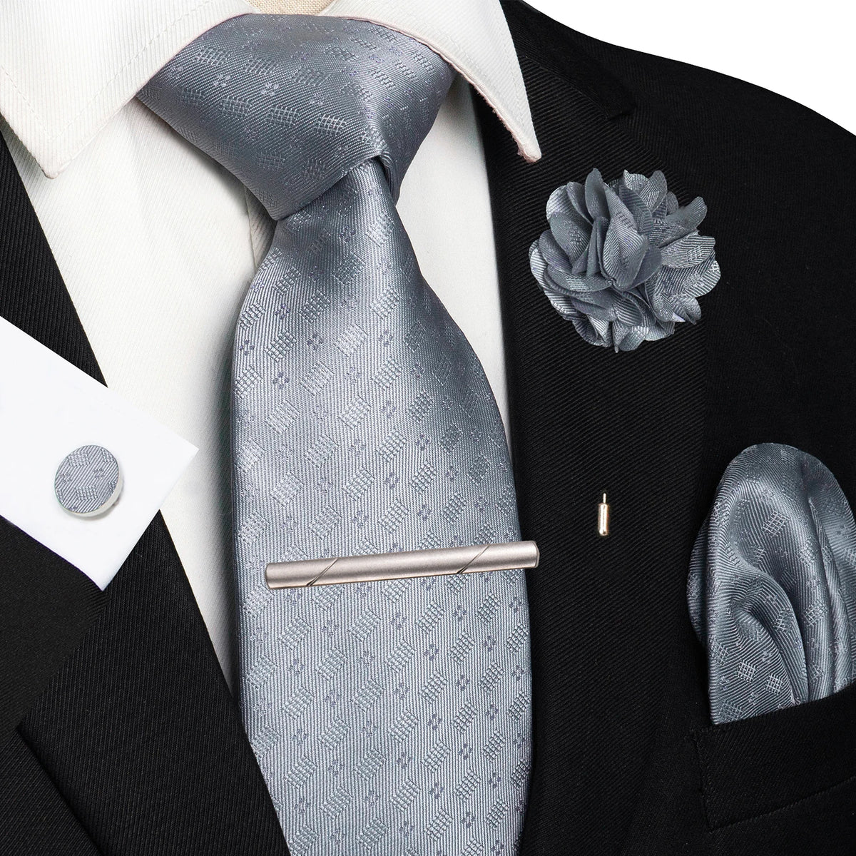 Gray 8cm Silk Tie Pin Pocket Square Cufflinks Tie