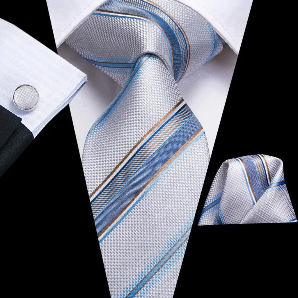 White Sliver Hanky Cufflinks Set Neck ties