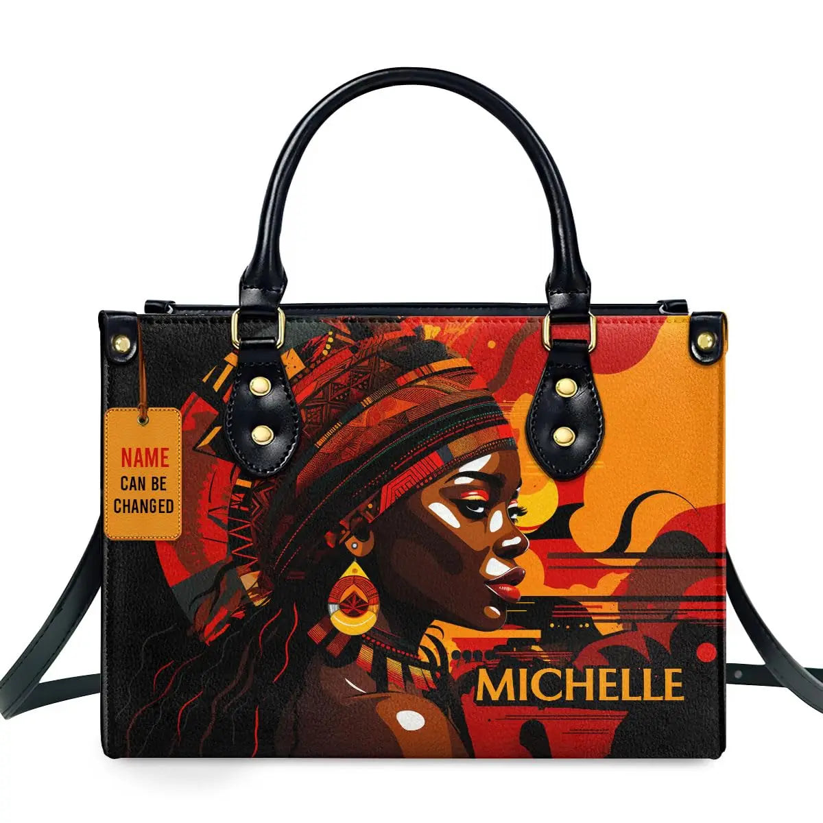 African Girl Print Leather Handbag