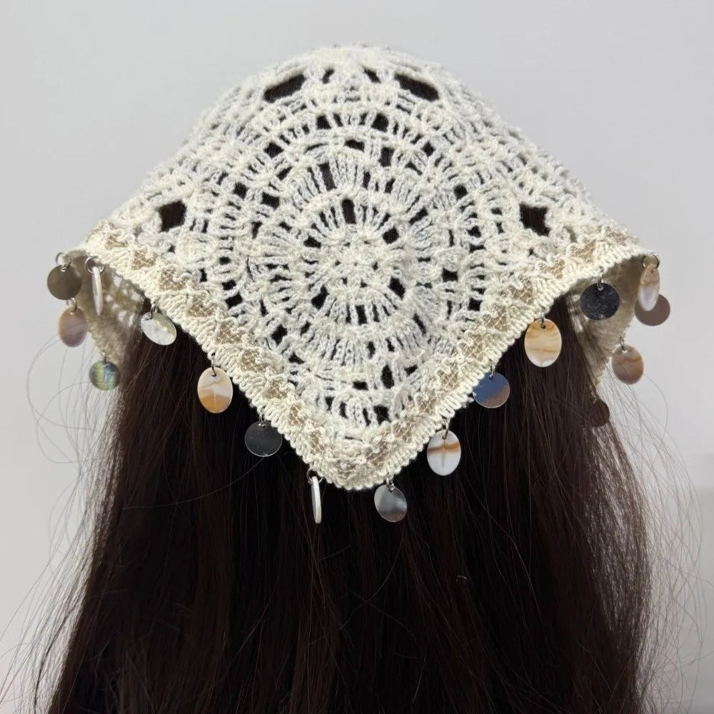 White Seashell Luxury Crochet Tassel Triangle Headband Scarf