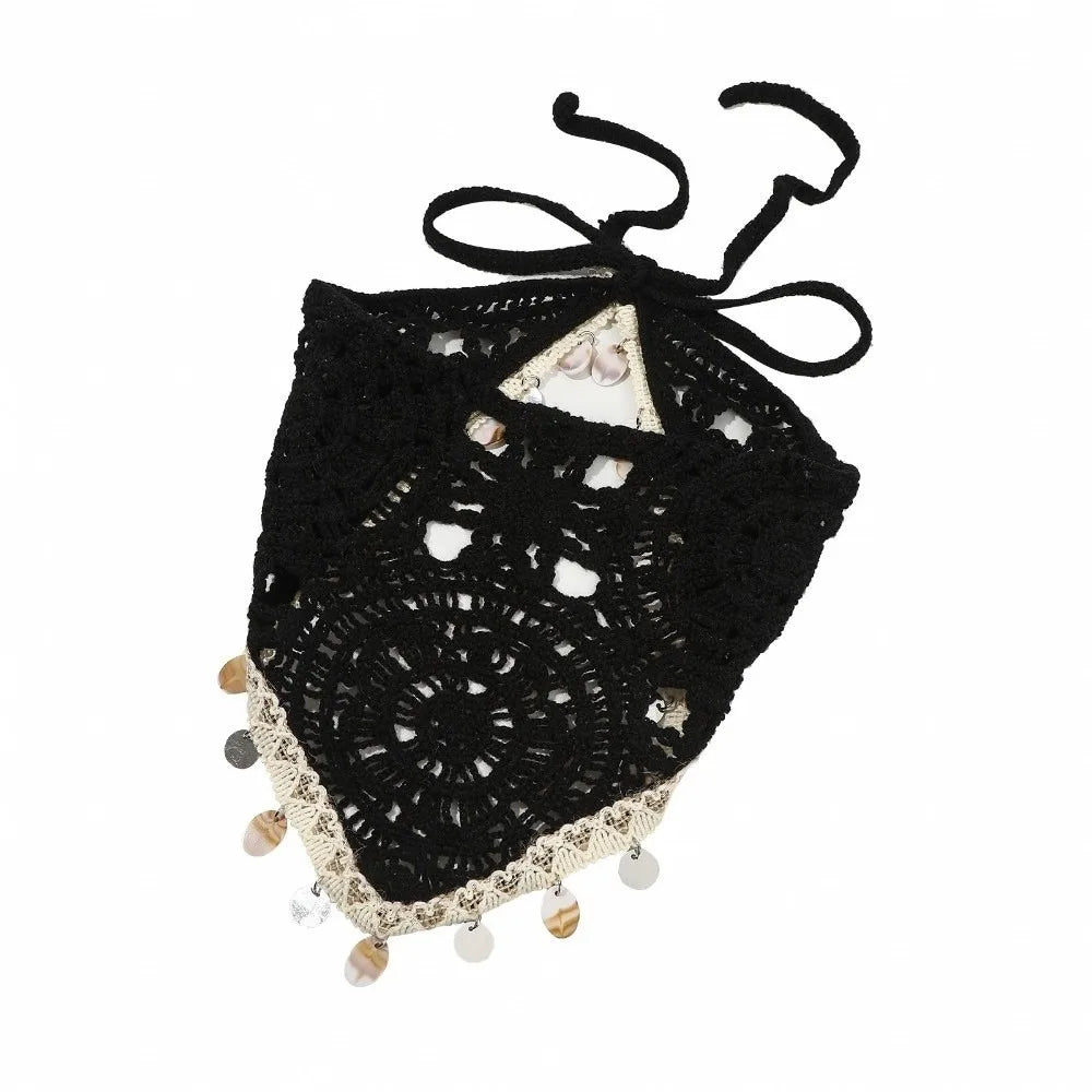 Black Seashell Luxury Crochet Tassel Triangle Headband Scarf