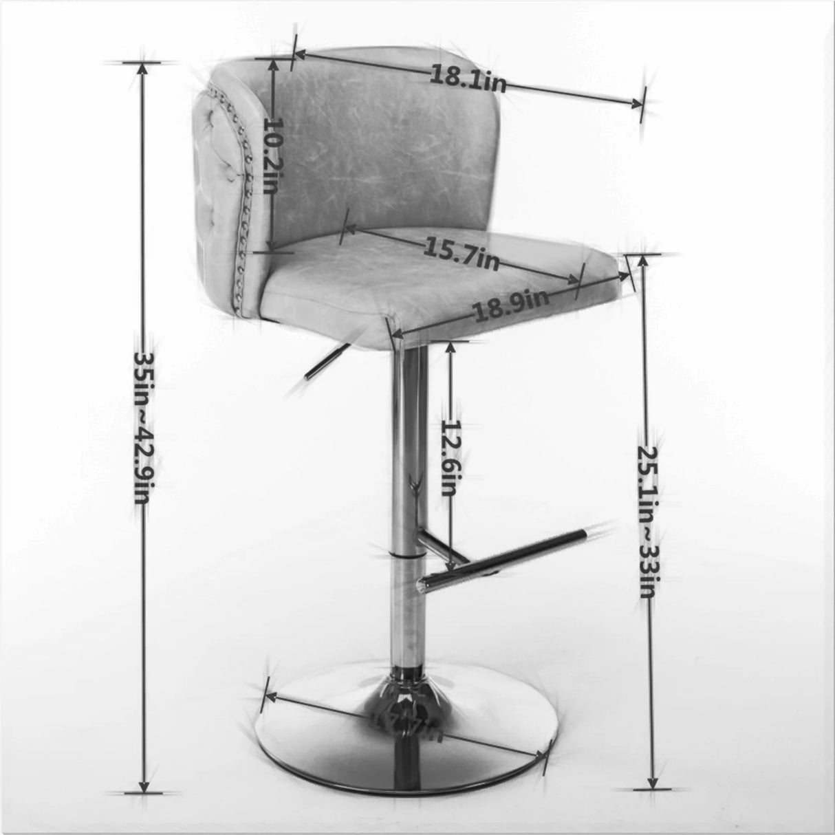 Set of 2 swivel PU leather bar stools with gold nailhead trim and adjustable height - Dimension