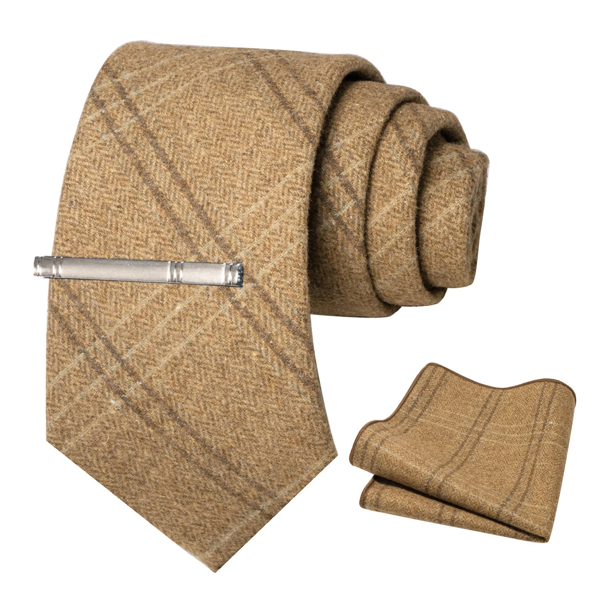 Brown Cashmere Wool 8cm Men Striped Plaid Necktie