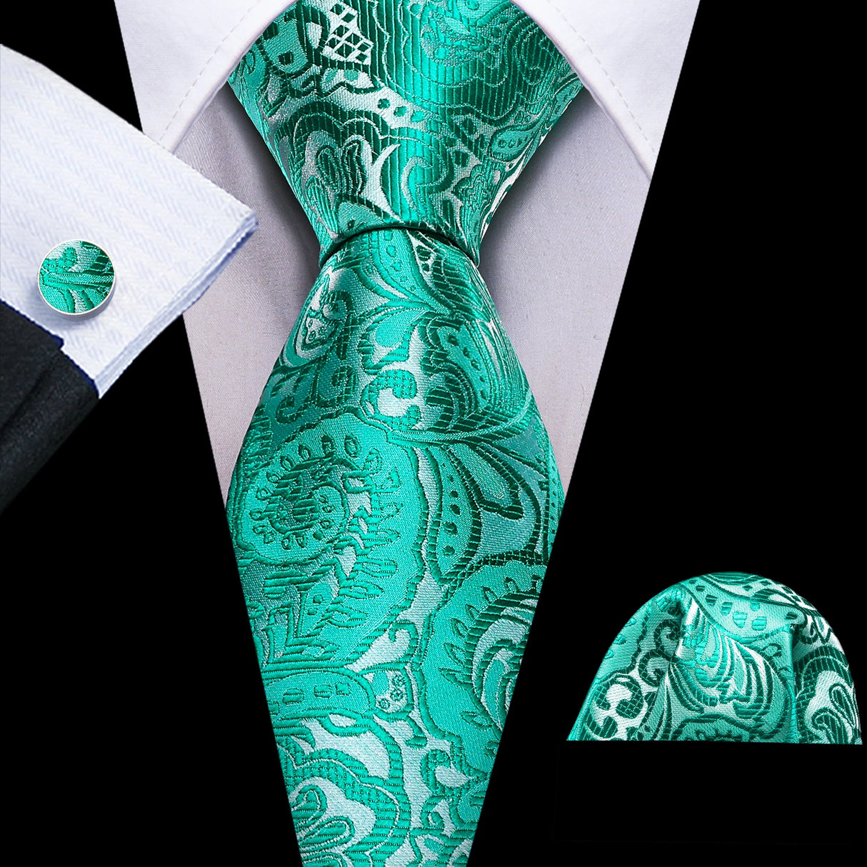 Solid Paisley Green Teal Blue Striped Silk Men Tie