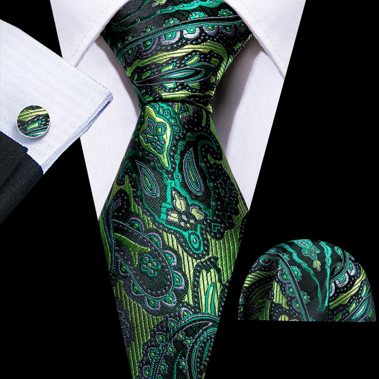 Solid Paisley Green Teal Blue Striped Silk Men Tie