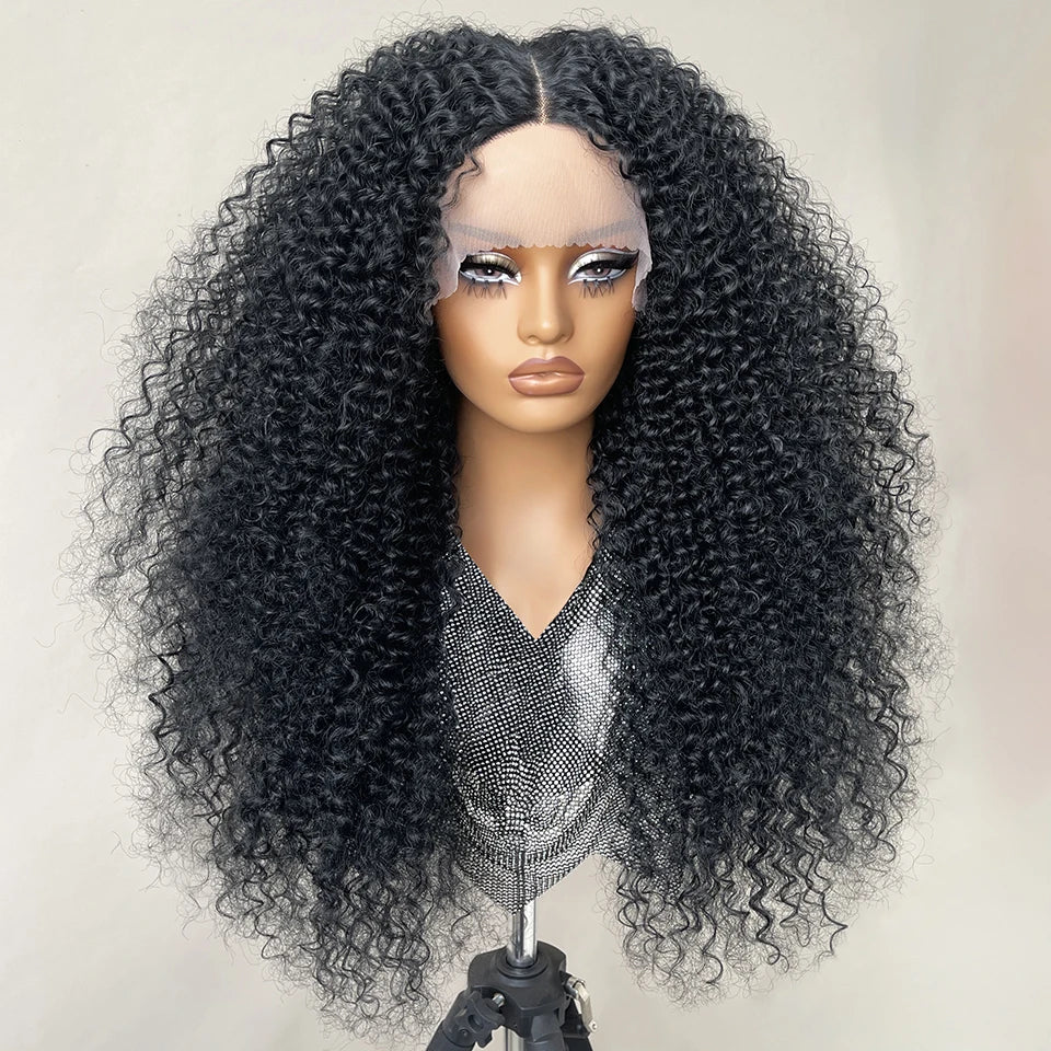 Black 24 Inch Jerry Curl Synthetic Lace Kinky Curly Wigs