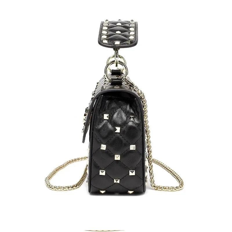 Side View of Black Sheepskin Chain Rivet Handbag