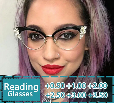 Model Using Shiny Rhinestones Cat Eye Presbyopia Eyeglasses