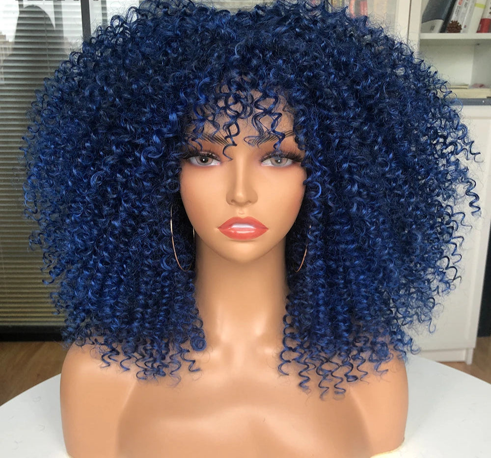 Short Afro Hair Kinky Curly Wigs blue