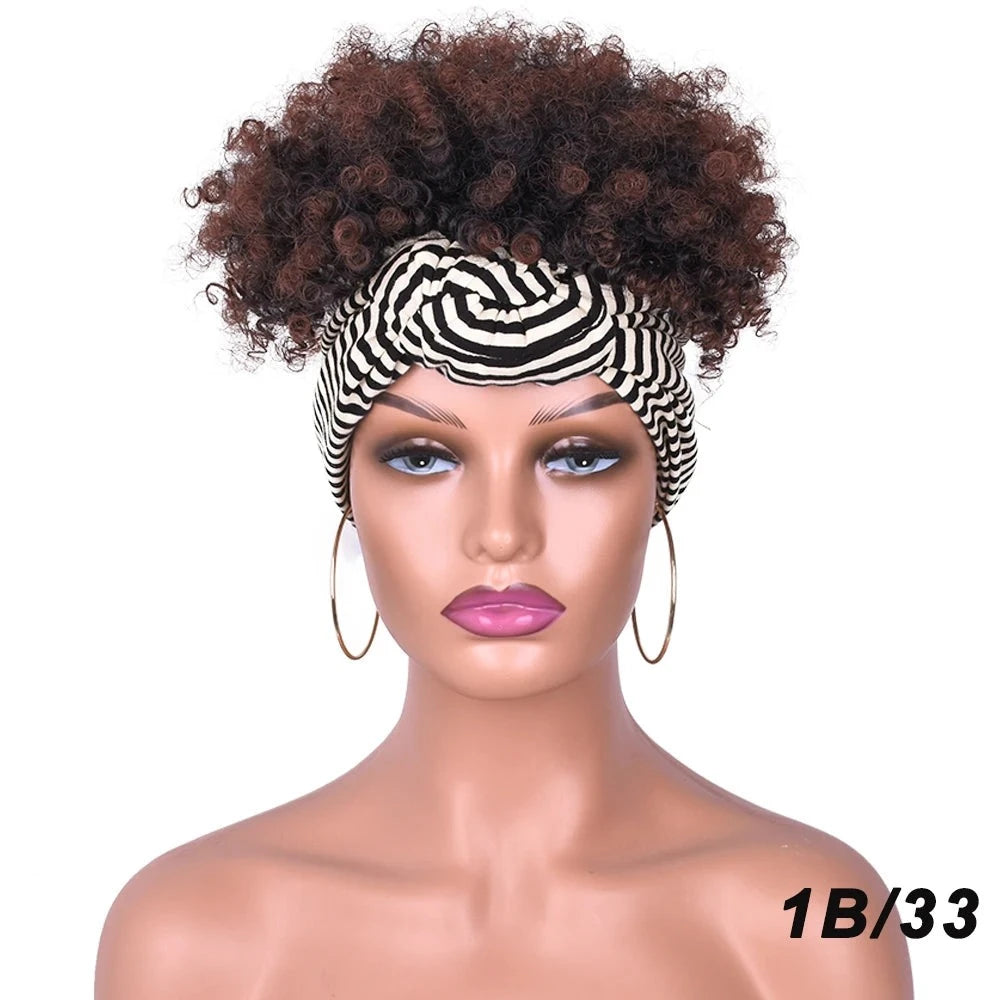 Brown Short Afro Kinky Headband Synthetic Wig