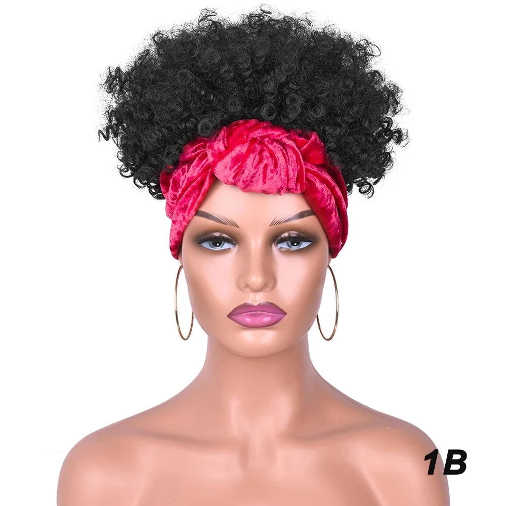 Black Short Afro Kinky Headband Synthetic Wig