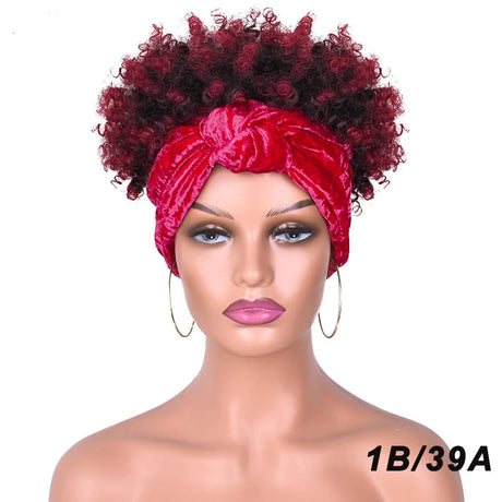 Red Short Afro Kinky Headband Synthetic Wig