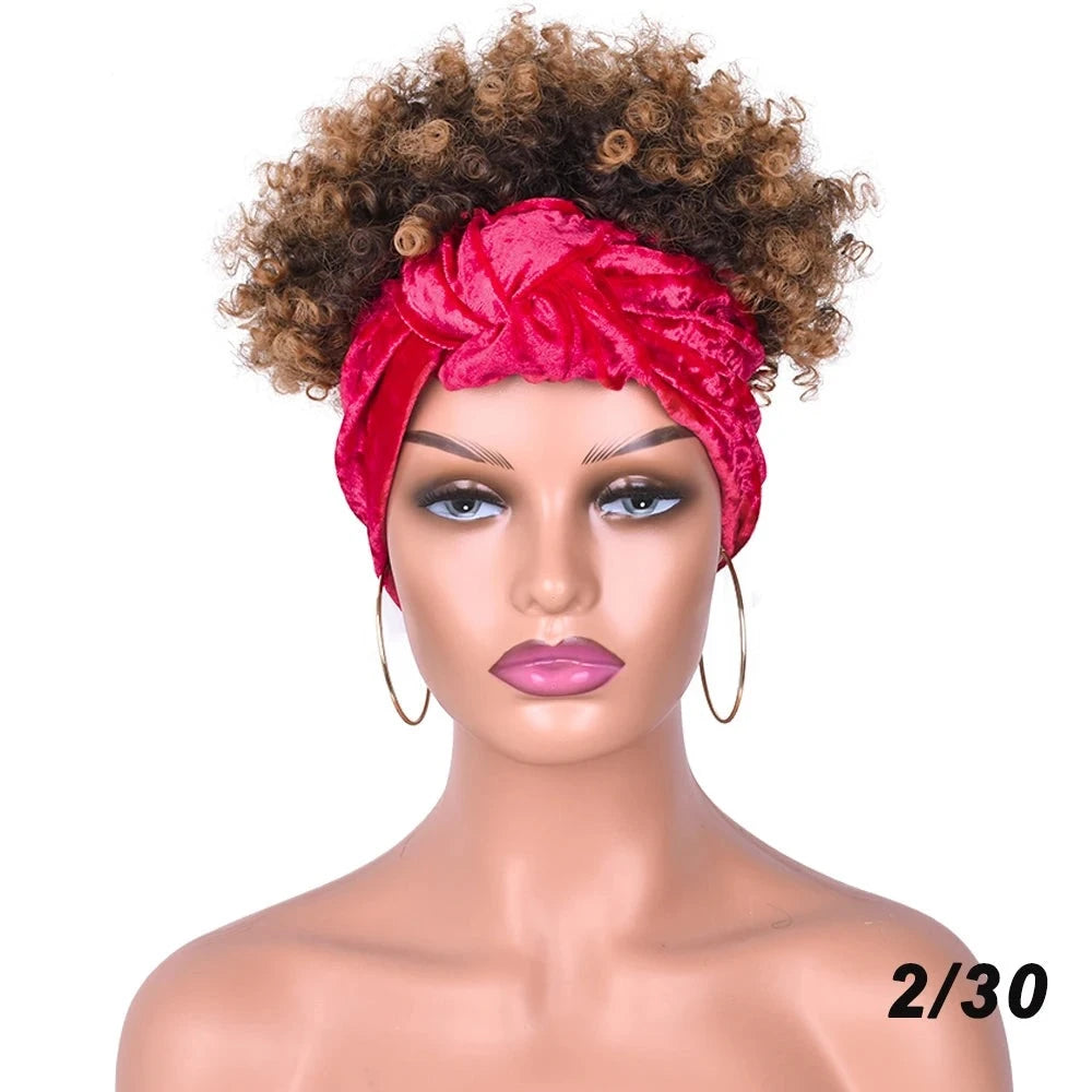 Brown Short Afro Kinky Headband Synthetic Wig