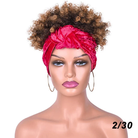 Brown Short Afro Kinky Headband Synthetic Wig