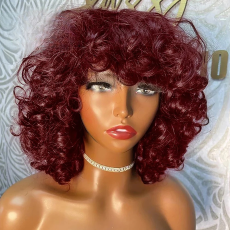 Red Short Bob Bouncy Curly Human Hair Wigs With Bangs