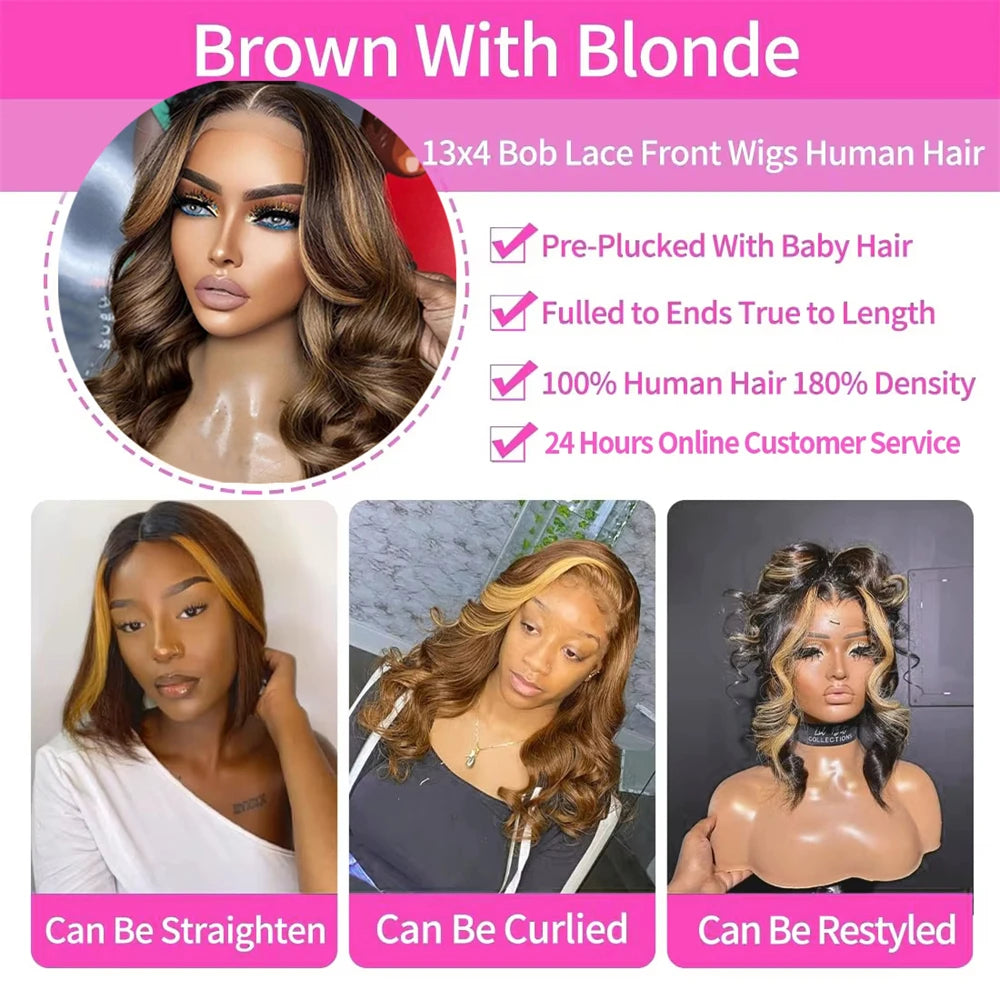 Details of Short Bob Ombre Highlight 13x4 100%  Wigs Human Hair