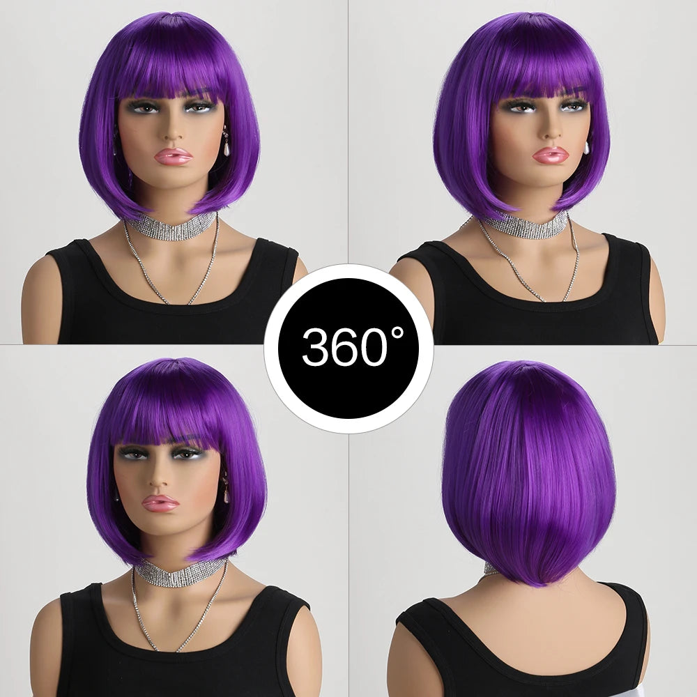 Purple Short Bob with Bangs Heat Resistant Wig