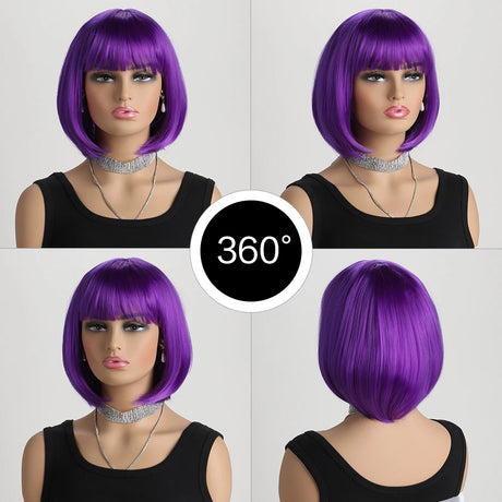 Purple Short Bob with Bangs Heat Resistant Wig